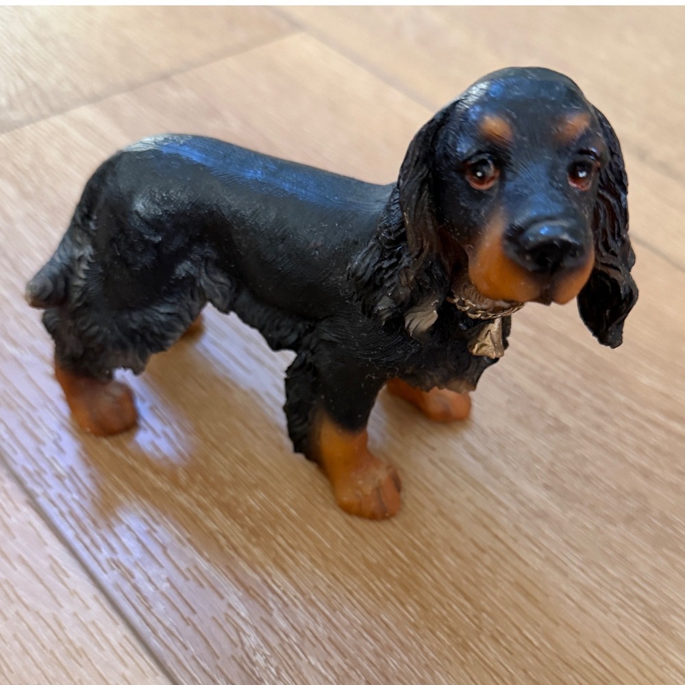 Vintage Black and Tan Cocker Spaniel Dog Figurine Resin Gold Bell Collar 5 Inch